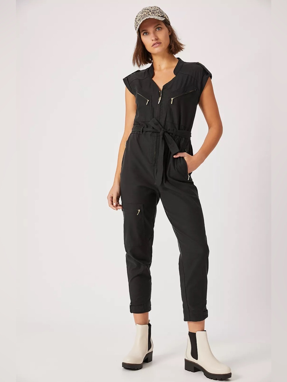 Anthropologie Black Gold Accents Short-Sleeve Utility Jumpsuit with Zip Pockets